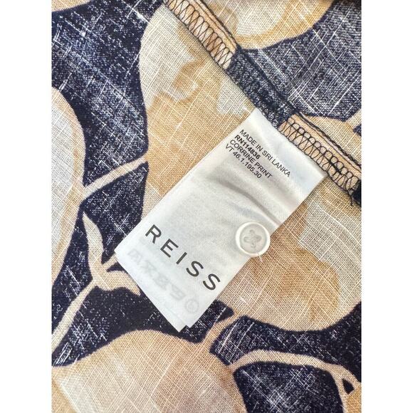 REISS Floral Tie Waist Blouse Navy Gold Large Print Size 2 EUC Linen Blend - Picture 6 of 11